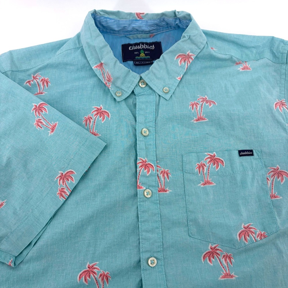 Chubbies Mens XL Short Sleeve Button Down Shirt Blue Pink Tropical Palm Tree